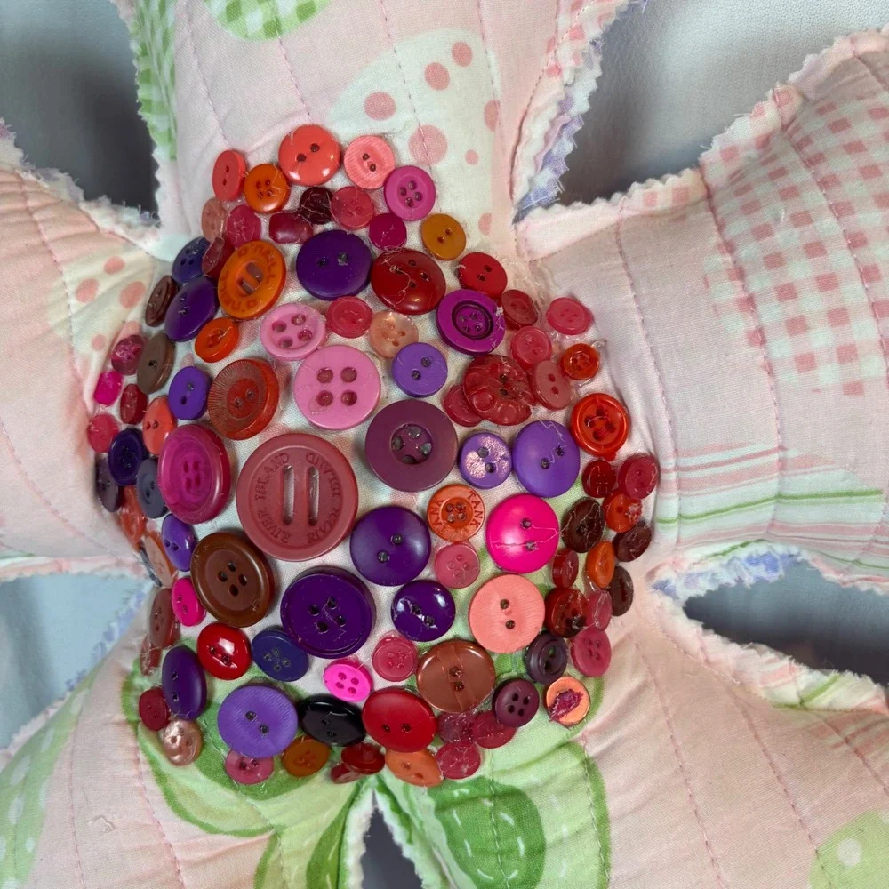 Handmade Quilted Flower Pillow Button Center Reversible Floral Wall Hanging 16in